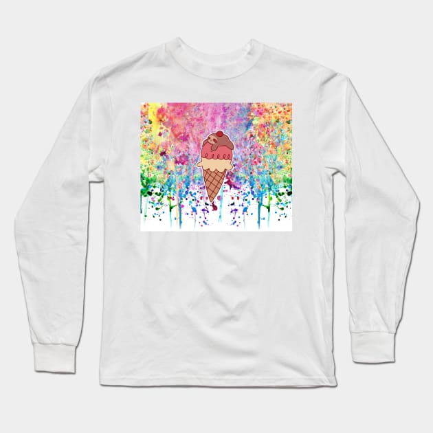 Icecream Cone Sloth Watercolor Paint Drip Long Sleeve T-Shirt by saradaboru